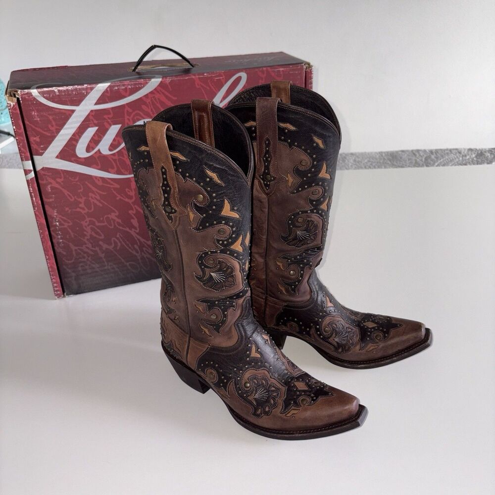 Lucchese Women’s Boots Fiona Stud Scarlette Cafe Brown Size 8.5 Western Cowboy